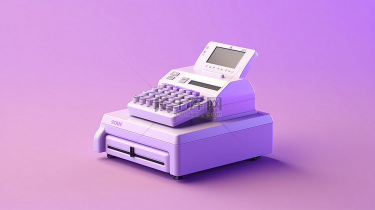 紫色背景的 3D 渲染与收银机