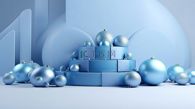 3d 蓝色讲台与圣诞球闪闪发光
