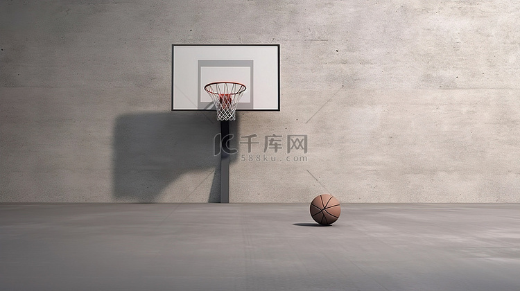 带篮球框的水泥墙背景的 3D 渲染