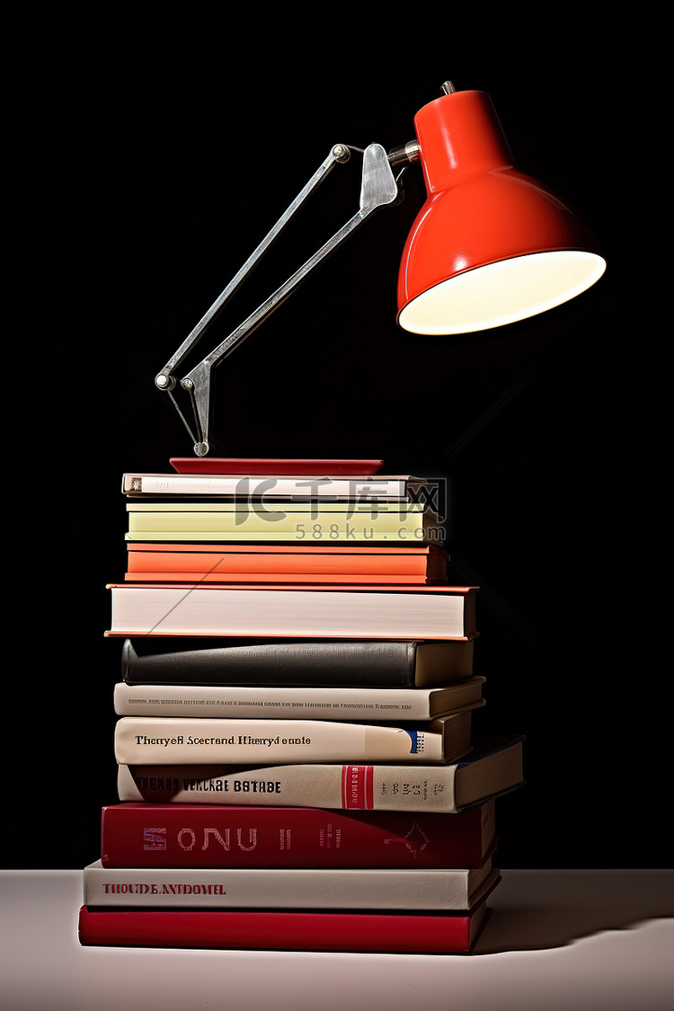 一堆书，旁边有一盏灯和书桌