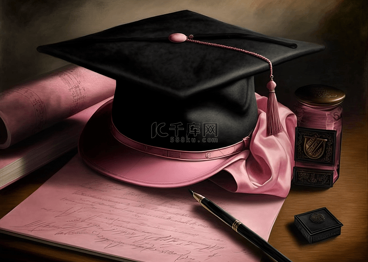毕业粉色学士帽浪漫暗色背景