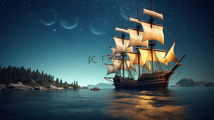 海上满月下的古代海盗船 3d 渲染