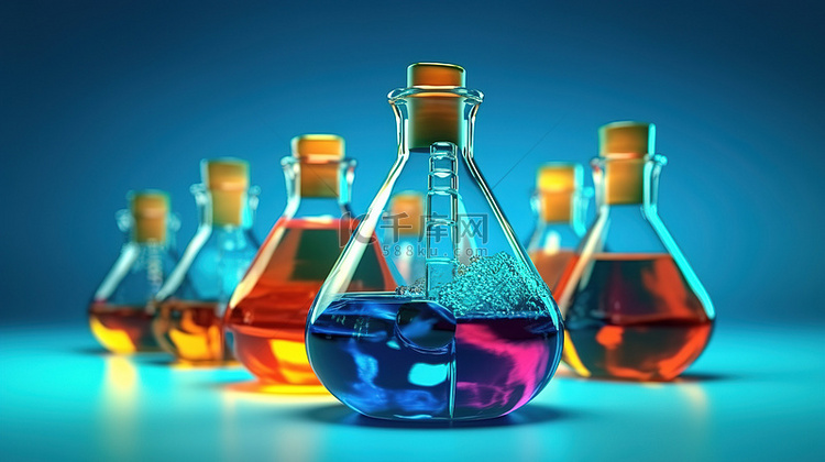 蓝色背景渲染充满化学品的实验室