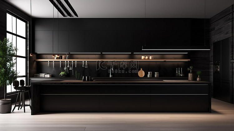 3D 渲染的黑色厨房中精致的白
