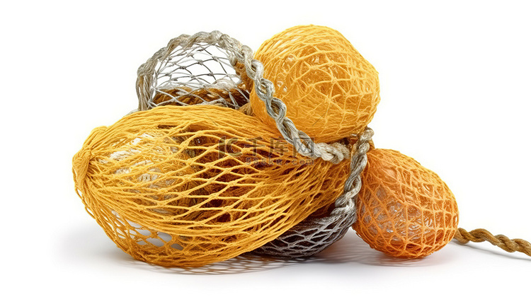 白色背景下带绳子的渔网的 3D