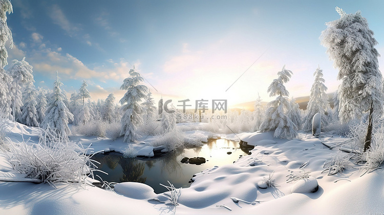 冬季仙境，白雪皑皑的宁静 3D