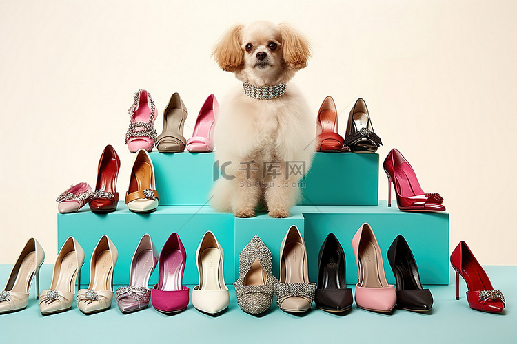 一只狗站在一套彩色鞋子旁边