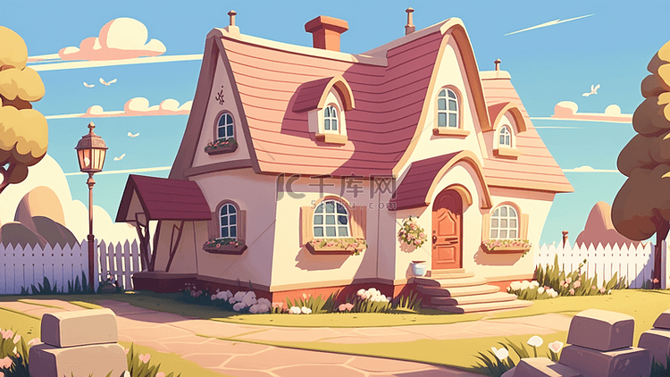房子卡通粉色花园路灯背景