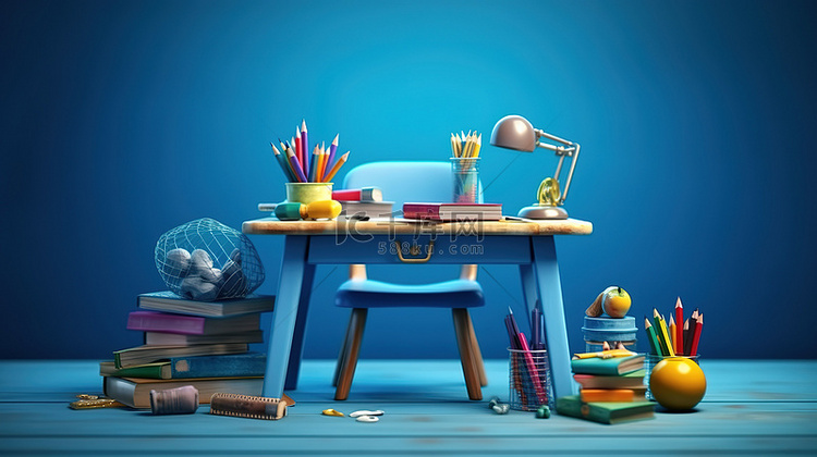 蓝色背景与课桌和配件的 3D 渲染