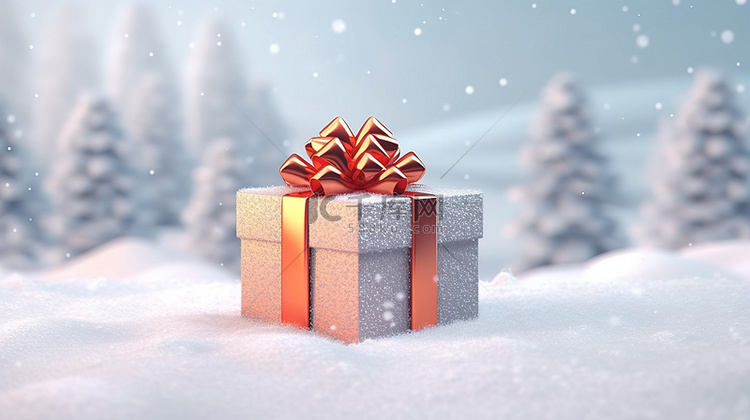 3d 渲染雪背景与圣诞礼物盒