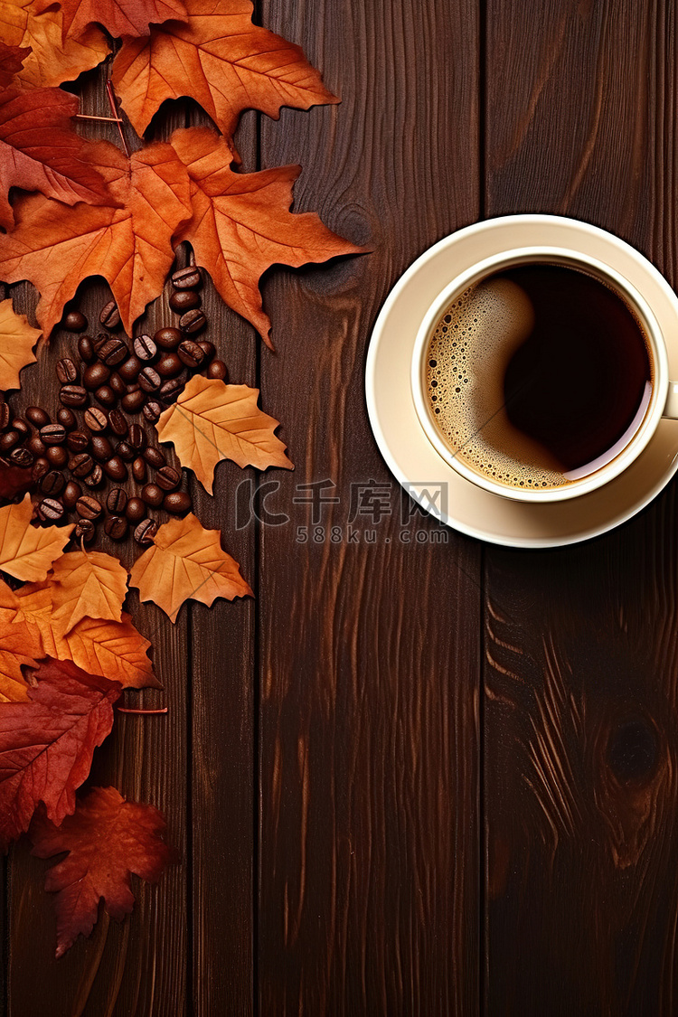 木柜台上的咖啡与秋叶