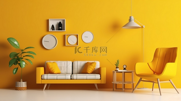 时髦室内 3D 渲染黄墙模拟海报