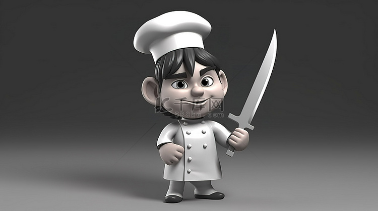 卡通风格 3D 插图的厨师挥舞