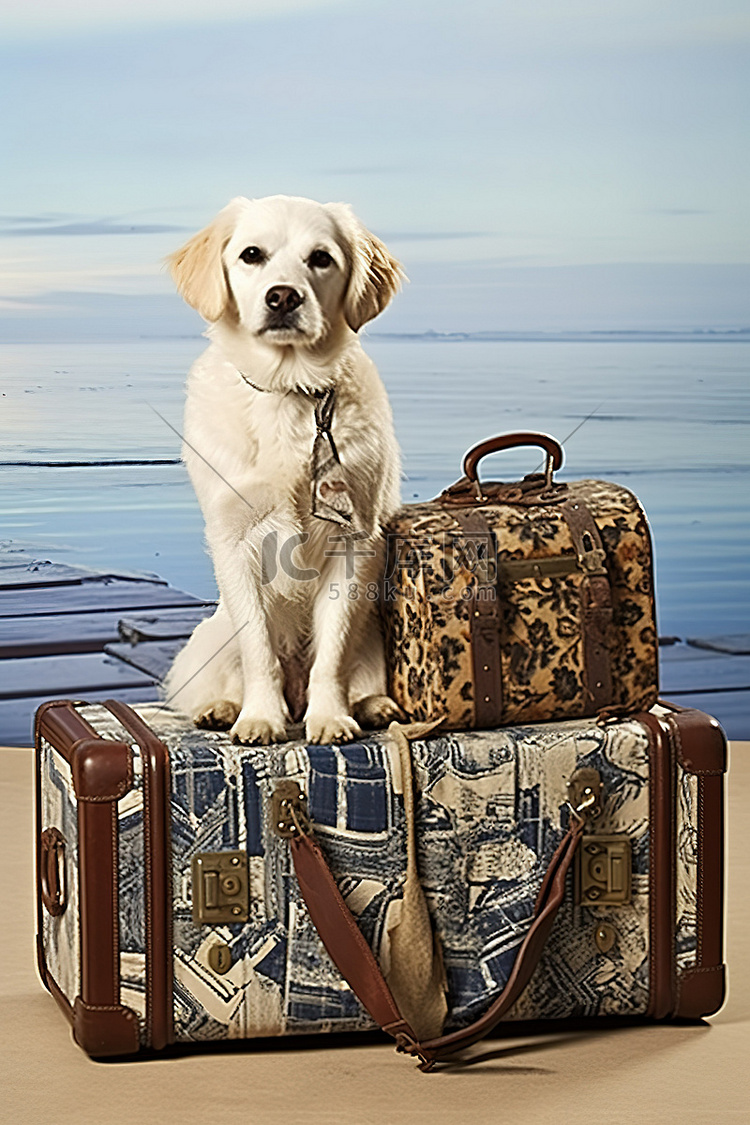 带着行李和手提箱的狗坐在海滩上