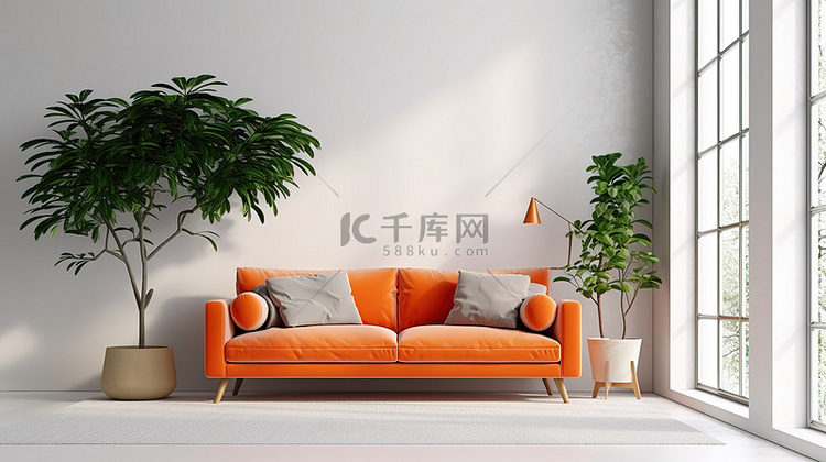 现代客厅配有橙色沙发和扶手椅，
