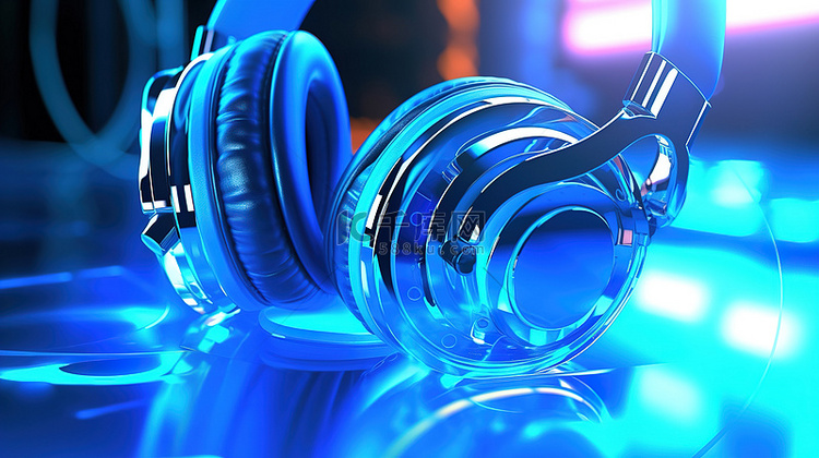蓝色霓虹灯耳机的特写 3D 插图