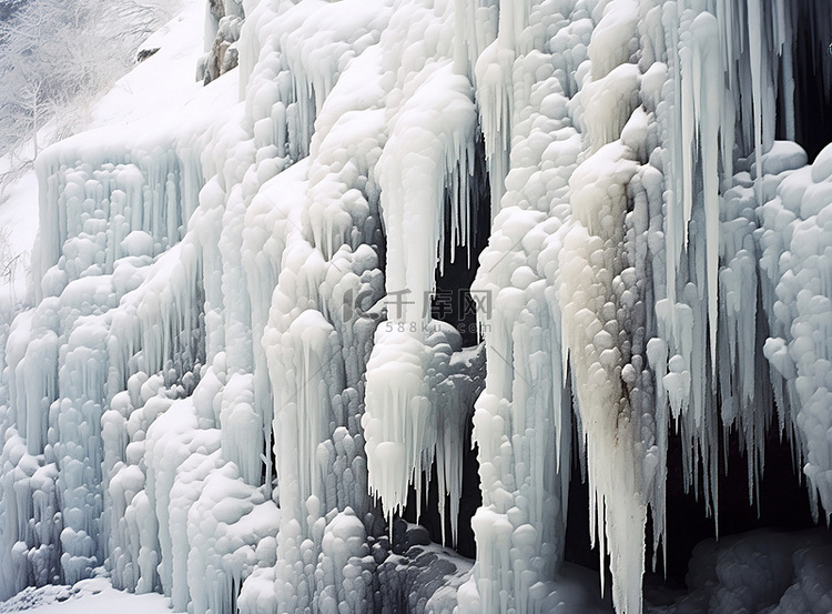 这高高的悬崖上的冰柱都被雪覆盖