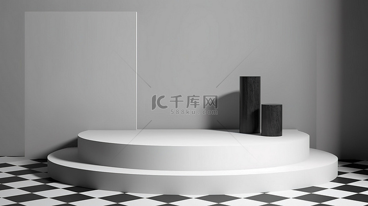 3D 渲染的黑白讲台，带有墙壁