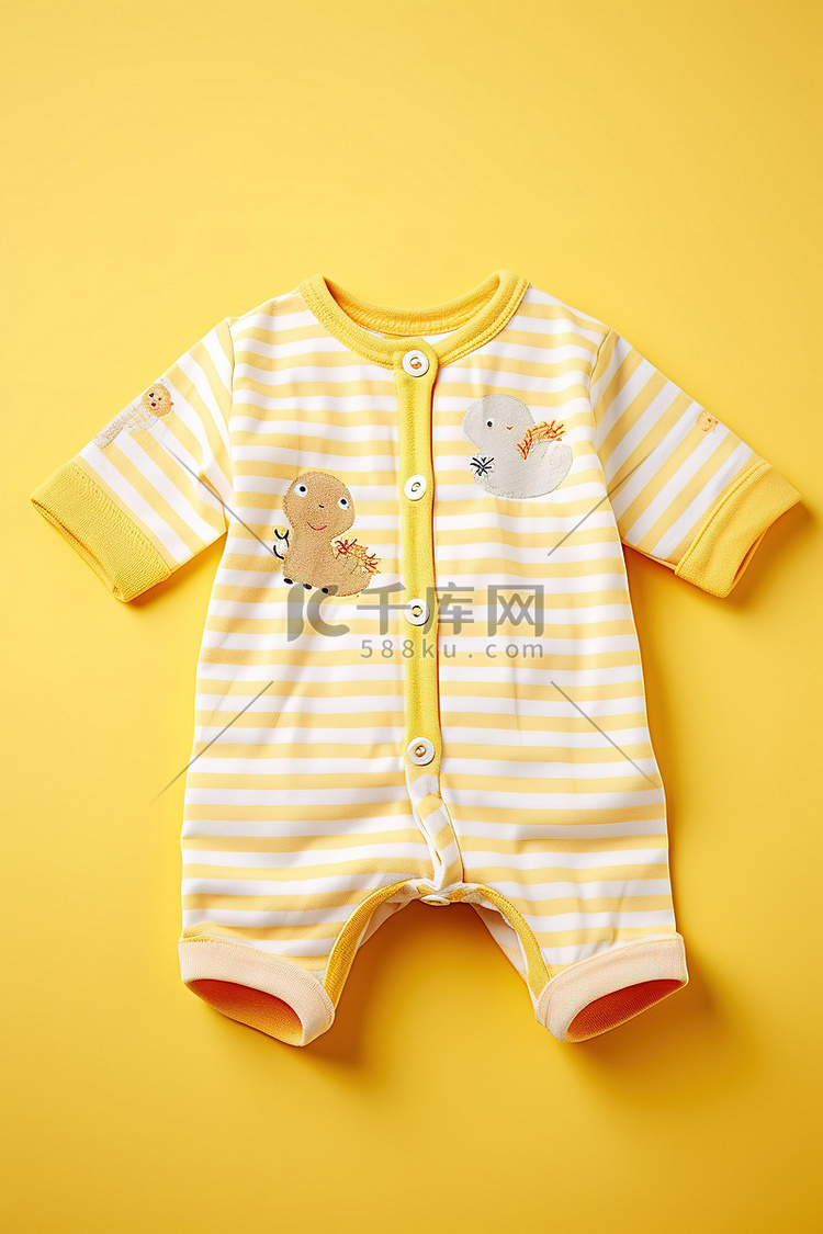 黄色图案婴儿连身衣，带有动物图