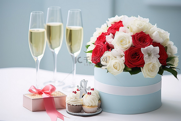 婚礼蛋糕鲜花花篮和香槟礼物