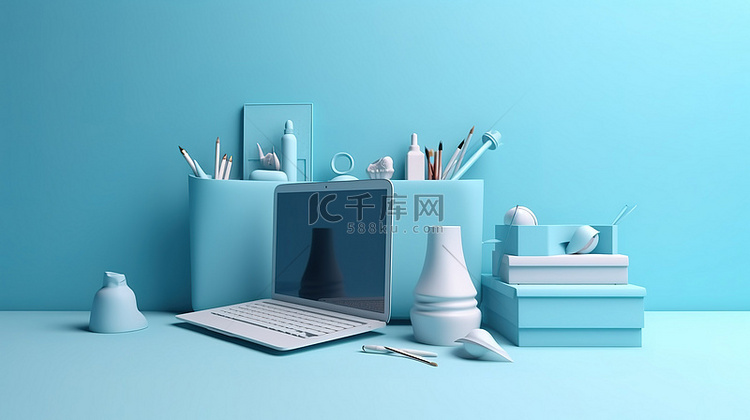 笔记本电脑和办公桌工具悬挂在蓝