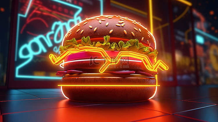 3D 渲染汉堡与充满活力的霓虹