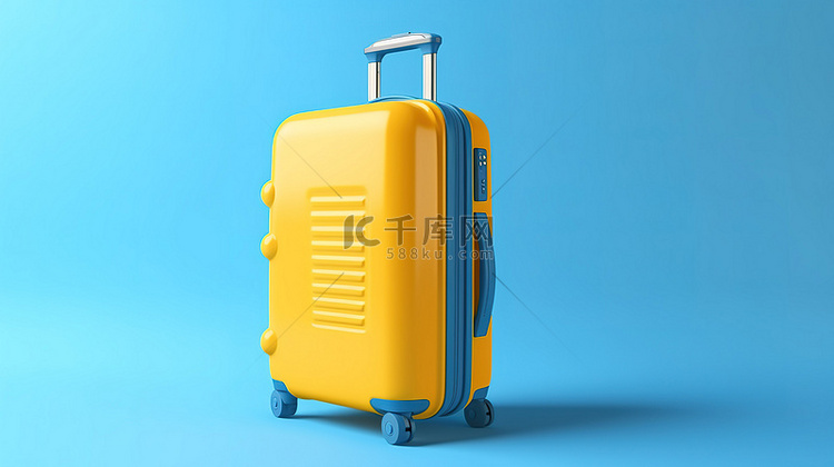 蓝色行李箱在空白黄色背景下的 