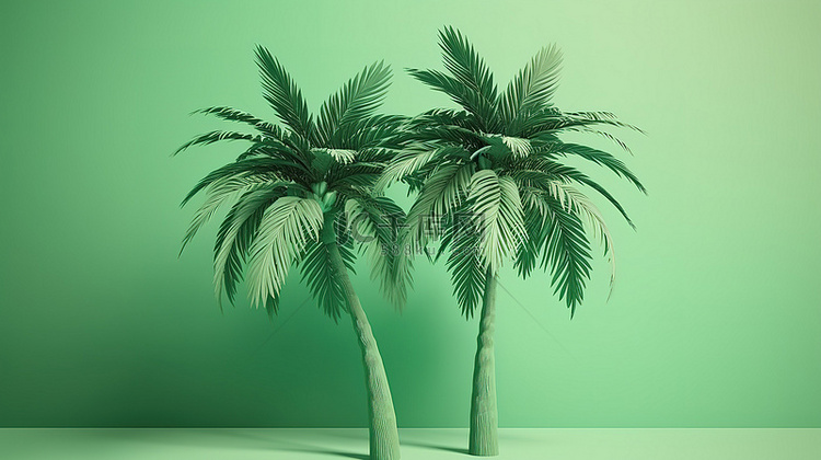 3D 绿色棕榈树呈现在柔和的绿