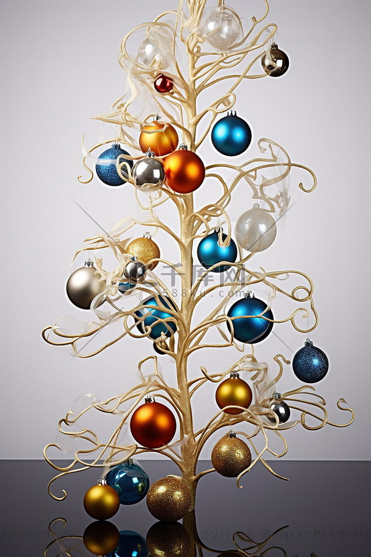 用金银和蓝色装饰品装饰的圣诞树