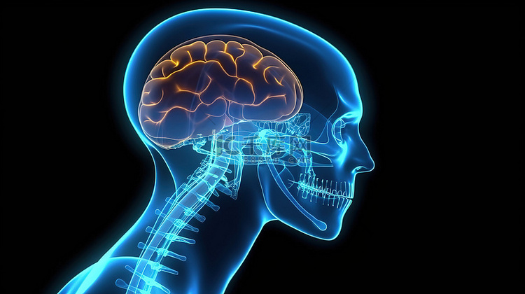 大脑的 3D 渲染与 X 射线