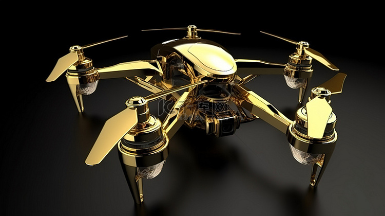 金色无人机在 3d 渲染图像中飞行