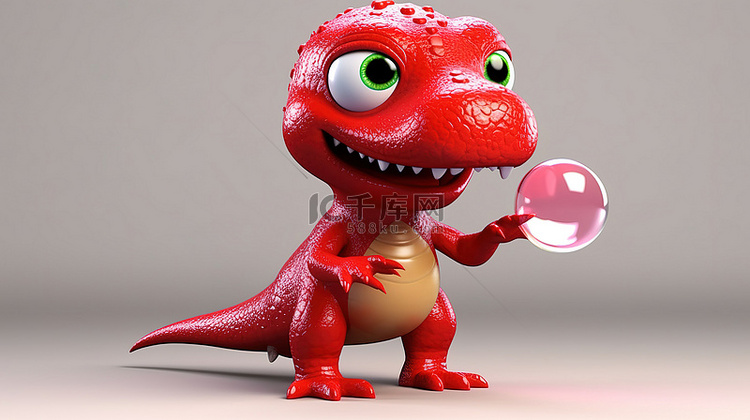 机智的 3D 恐龙人物抓着红宝
