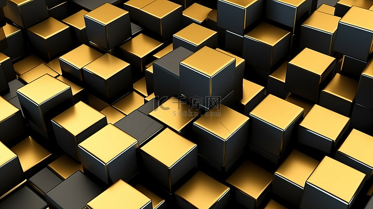 金色和黑色等距立方体的无缝图案