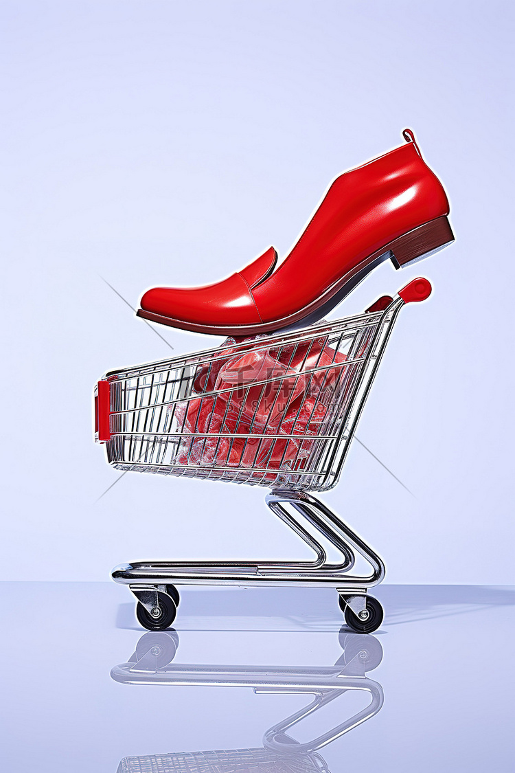 一只红鞋坐在购物车和销售标志上