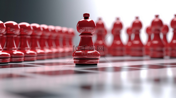 描绘领导概念的红色棋子的 3D