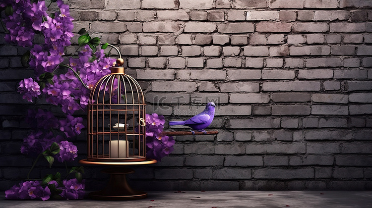 紫色花瓶和杯子搁在鸟笼内的砖背