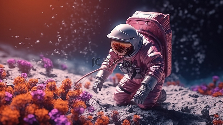 月球宇航员在月球表面照料一朵花