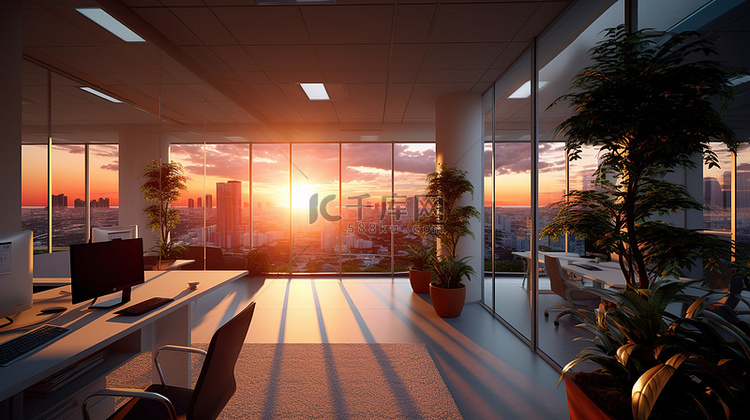 美丽的夕阳天空中办公楼的 3D