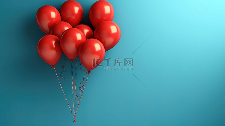 一群蓝色气球反对充满活力的红墙