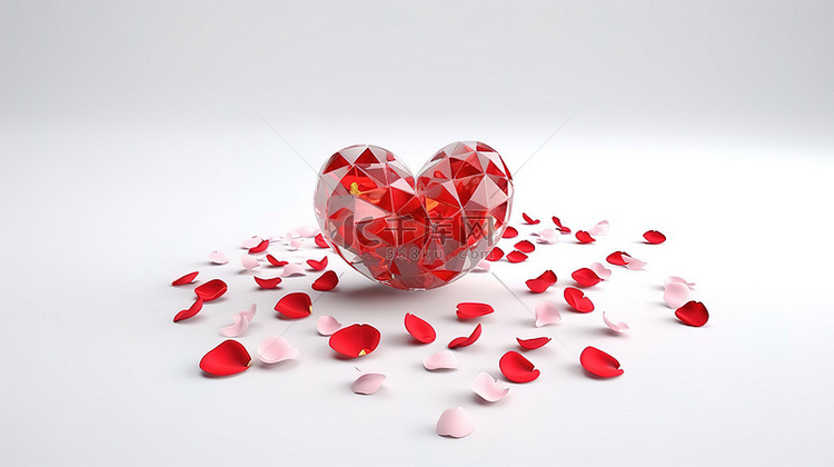 白色背景上的红心钻石和玫瑰花瓣