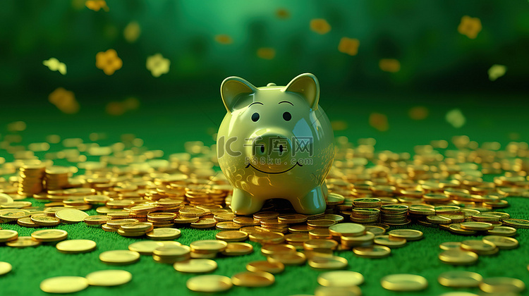 绿色背景的 3D 渲染与存钱罐