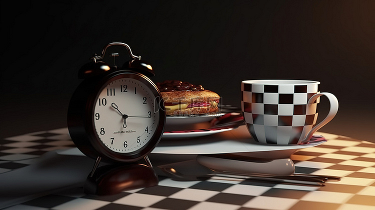 汉堡杯时钟和咖啡的 3D 渲染