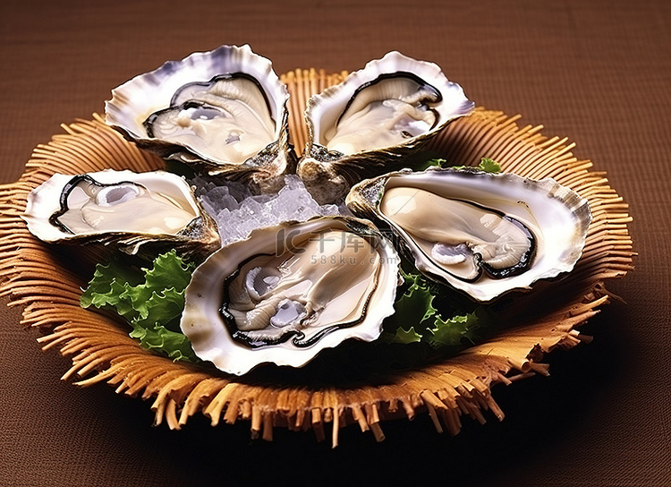 照片是木桌上新鲜的去壳牡蛎