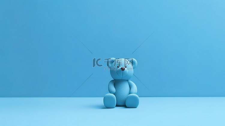 简约的蓝色玩具熊坐在蓝色背景 