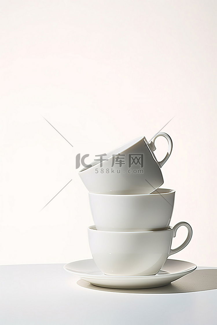 白色背景中的三个陶瓷杯子和碟子