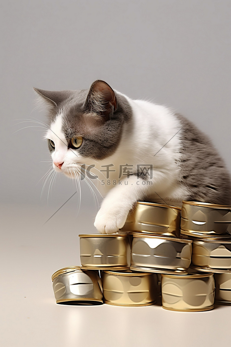 猫从一堆罐头里喝罐头食品