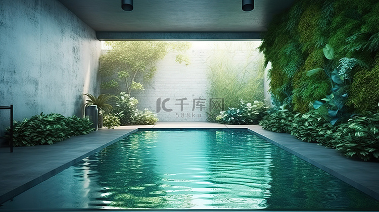 室内花园和游泳池场景的 3d 渲染
