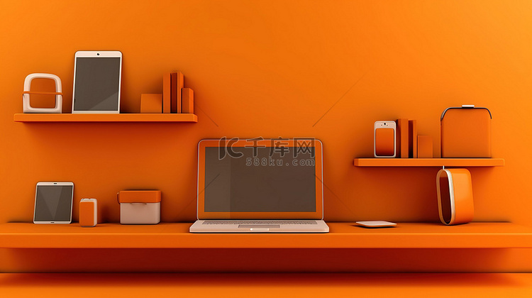 3D 插图中描绘的橙色墙架笔记