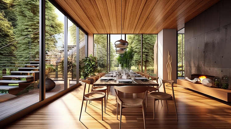 现代房屋中的木制露台餐厅设有大