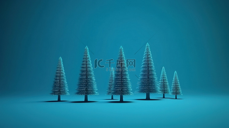 蓝色背景上圣诞树的 3D 渲染